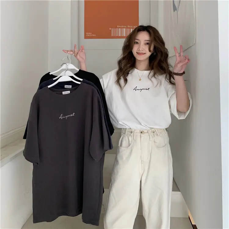 Women Loose K-Style T-Shirt Navy Blue Summer Large — feature 75