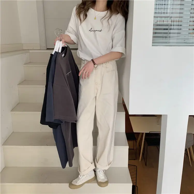 Women Loose K-Style T-Shirt Navy Blue Summer Large — feature 77