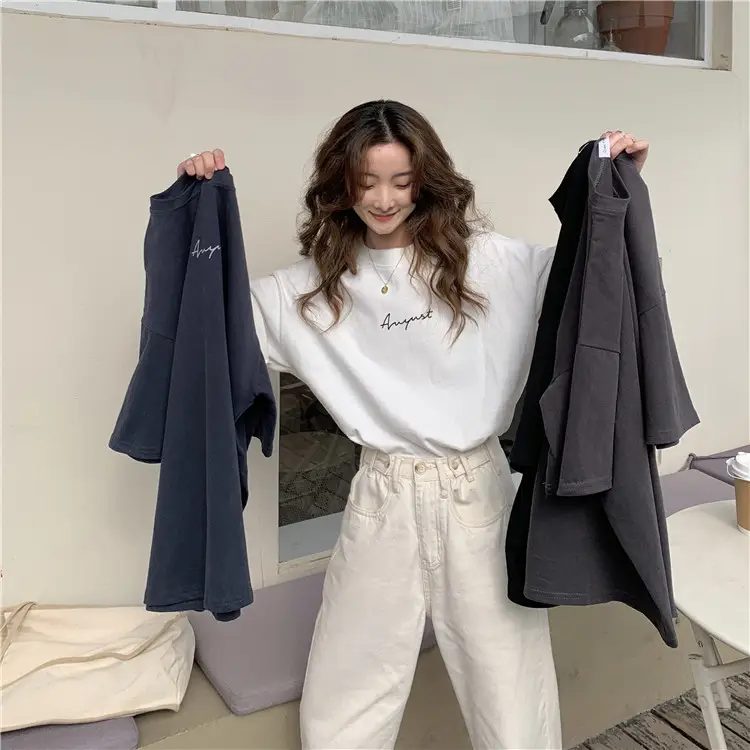 Women Loose K-Style T-Shirt Navy Blue Summer Large — feature 79