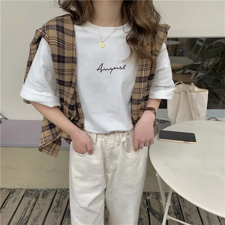 Women Loose K-Style T-Shirt Navy Blue Summer Large — feature 83