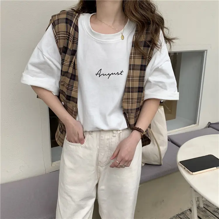 Women Loose K-Style T-Shirt Navy Blue Summer Large — feature 87