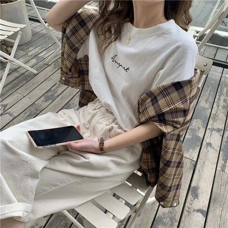 Women Loose K-Style T-Shirt Navy Blue Summer Large — feature 89