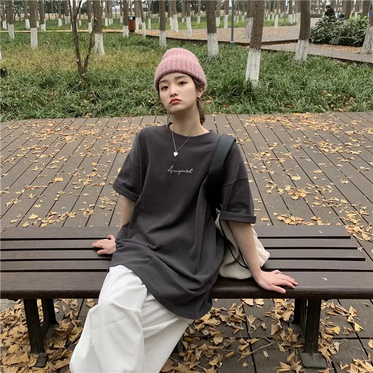 Women Loose K-Style T-Shirt Navy Blue Summer Large — feature 93