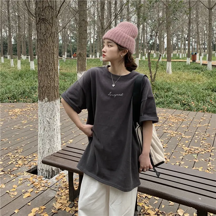 Women Loose K-Style T-Shirt Navy Blue Summer Large — feature 95