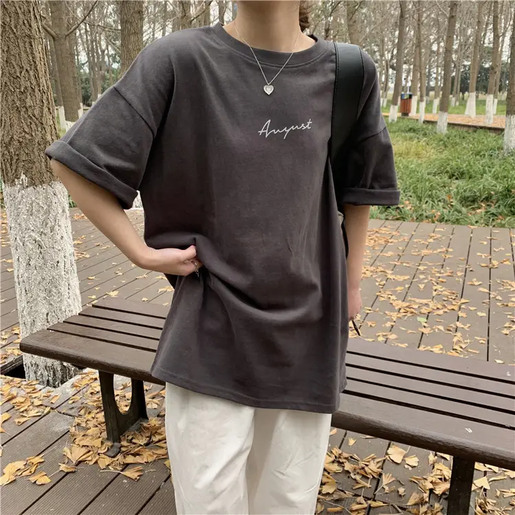 Women Loose K-Style T-Shirt Navy Blue Summer Large — feature 97