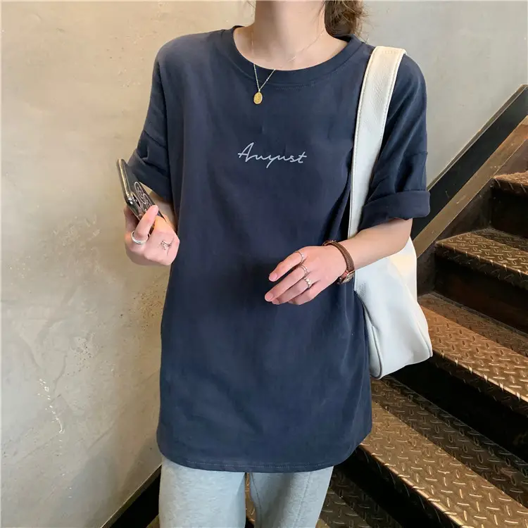 Women Loose K-Style T-Shirt Navy Blue Summer Large