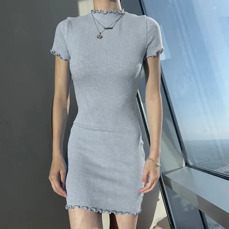 Black Fungus-Edged Ribbed Short Sleeve Dress for Women - Image 6