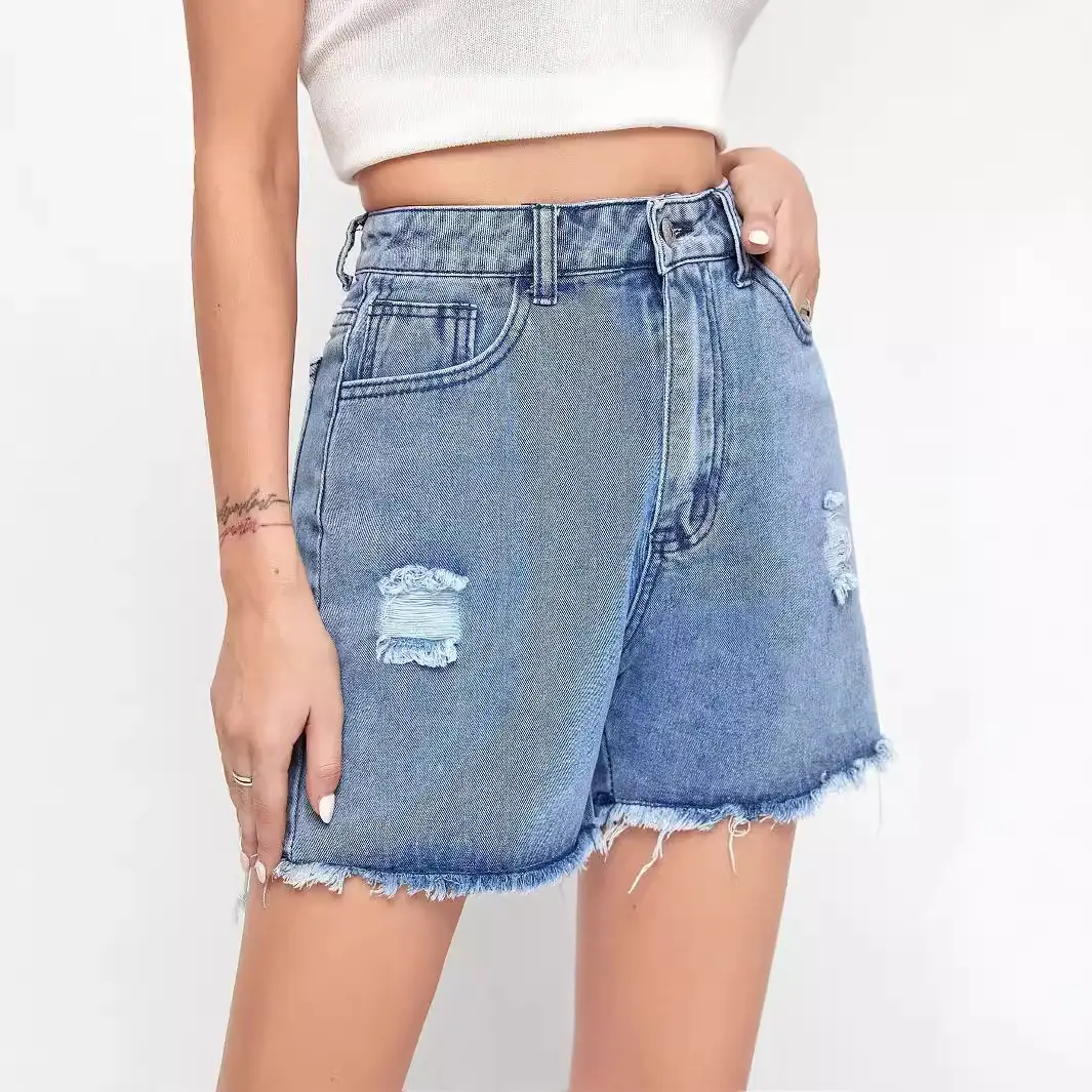 Women's High Waist Denim Shorts with Distressed Hem