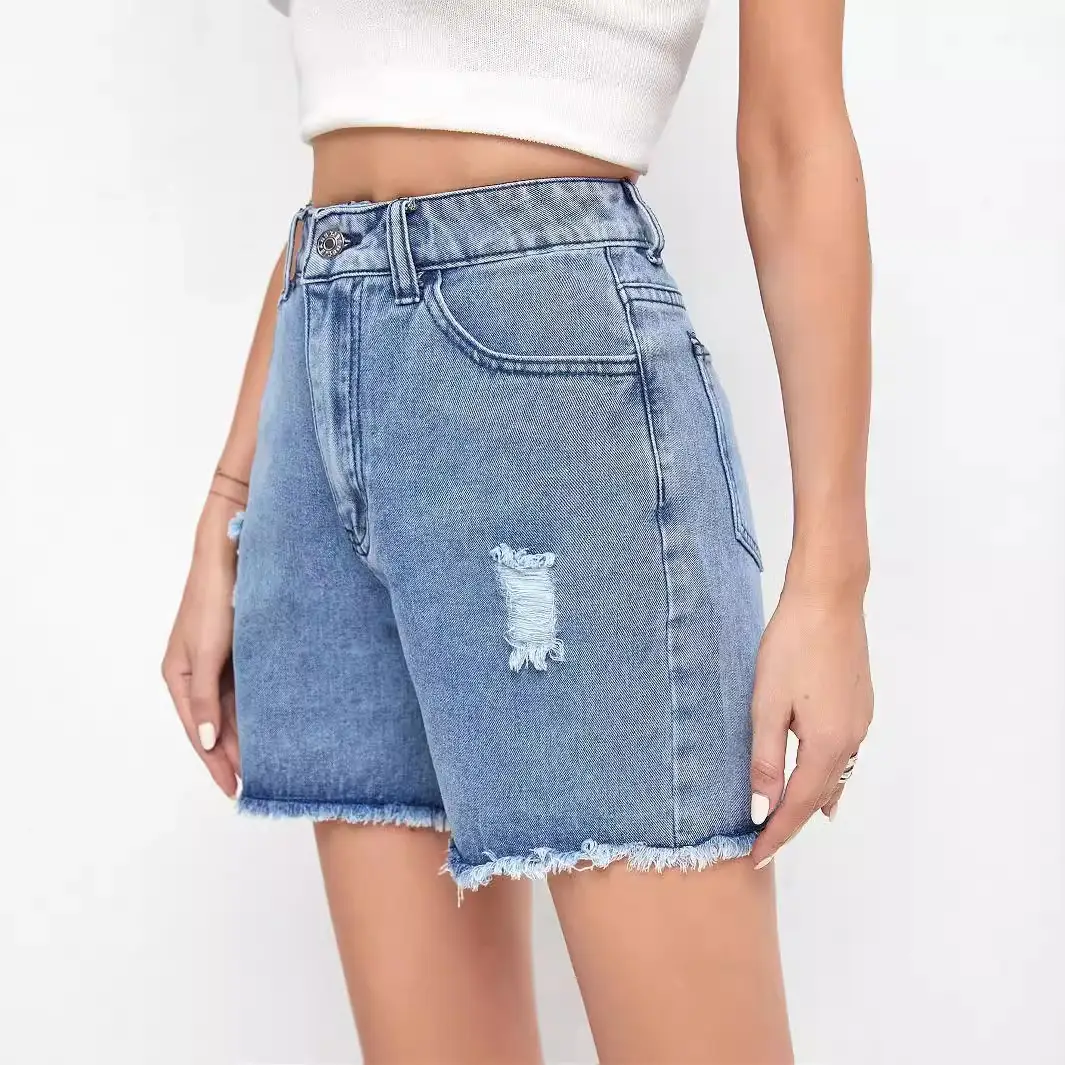 Women's High Waist Denim Shorts with Distressed Hem