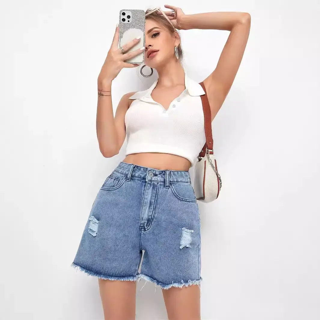 Women's High Waist Denim Shorts with Distressed Hem