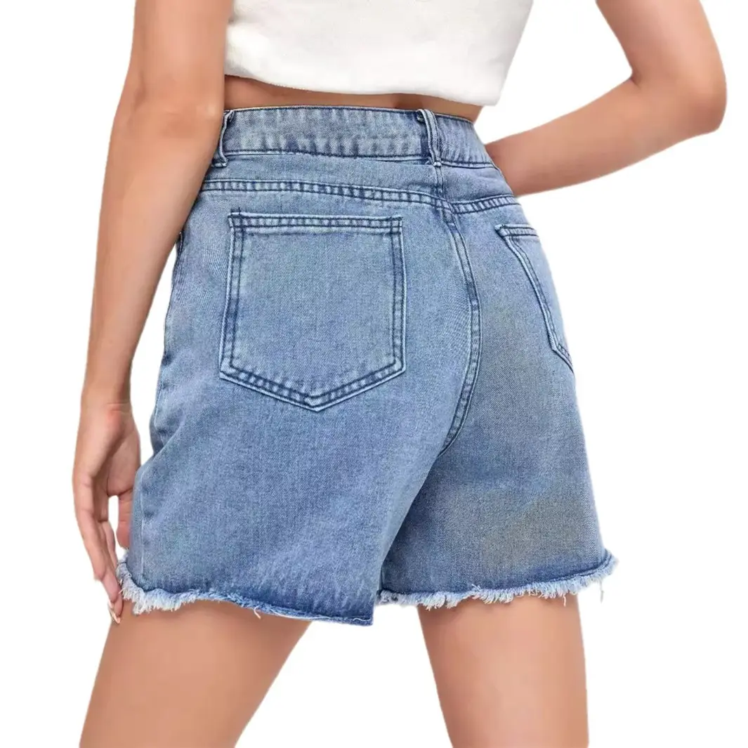 Women's High Waist Denim Shorts with Distressed Hem