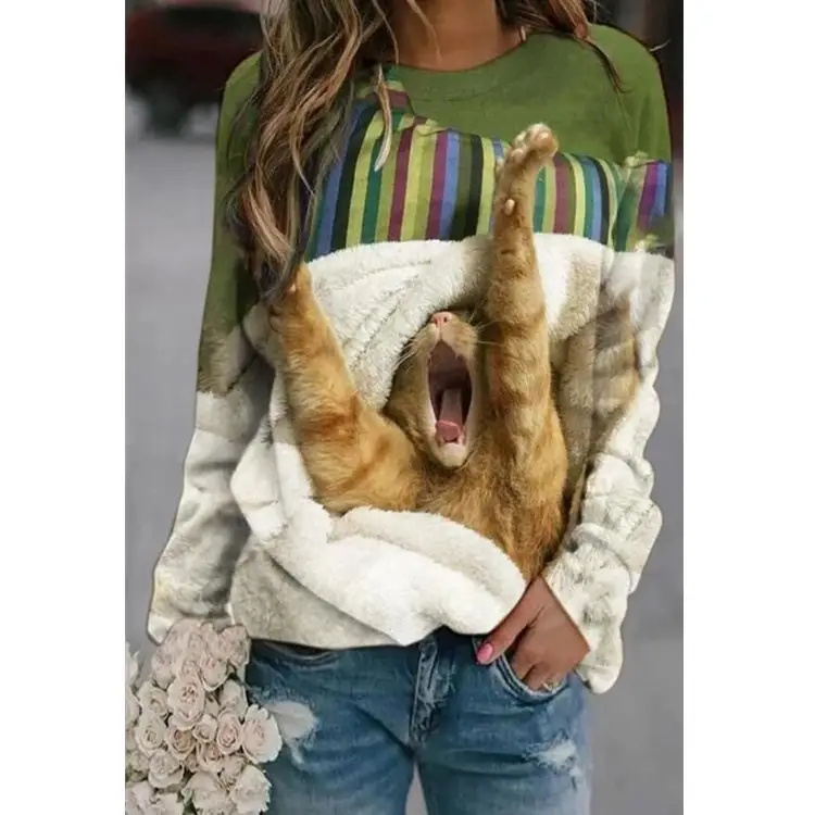 Cute Cat 3D Print Long Sleeve T-Shirt - Image 14