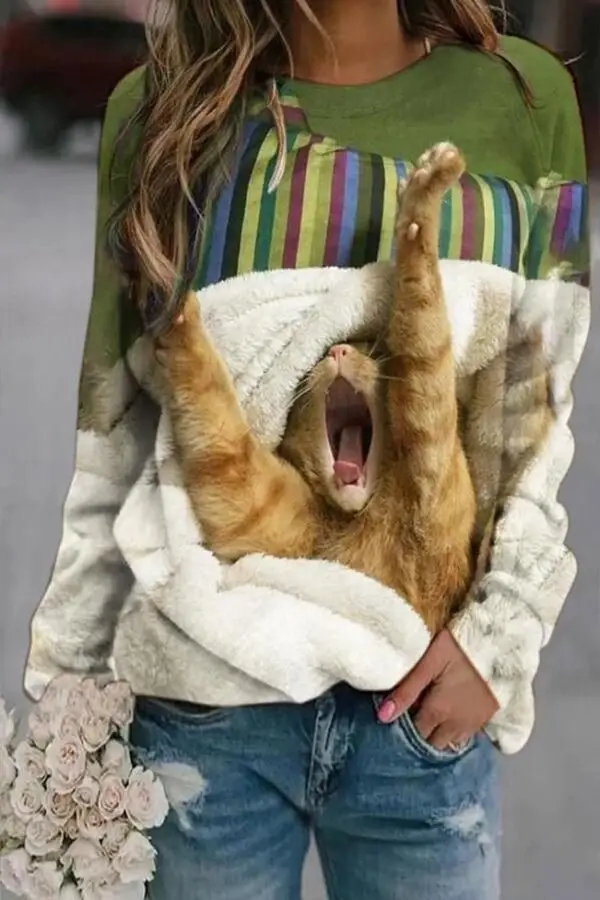 Cute Cat 3D Print Long Sleeve T-Shirt - Image 2