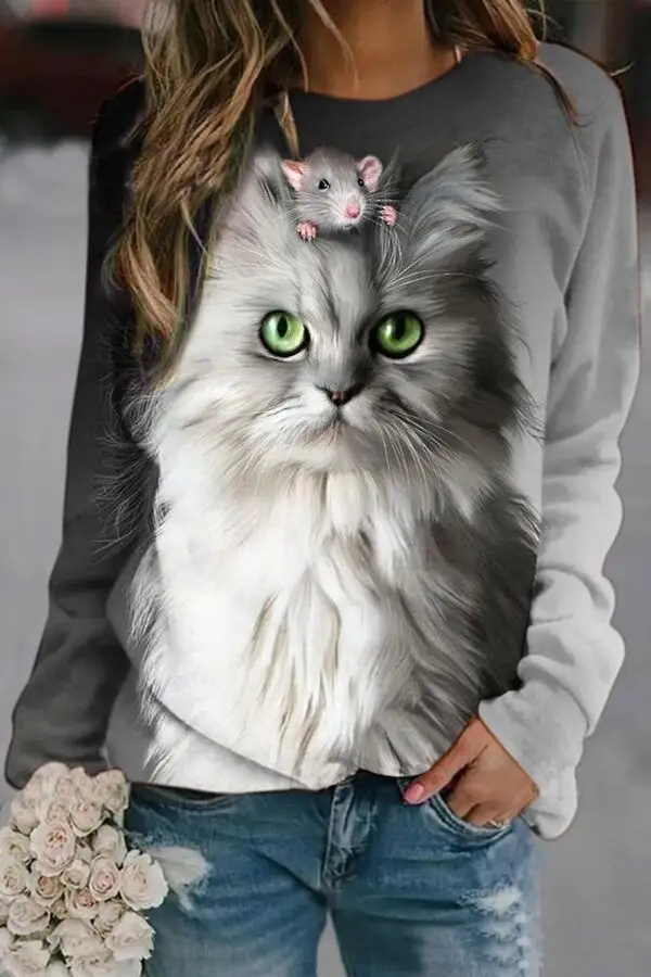 Cute Cat 3D Print Long Sleeve T-Shirt - Image 6