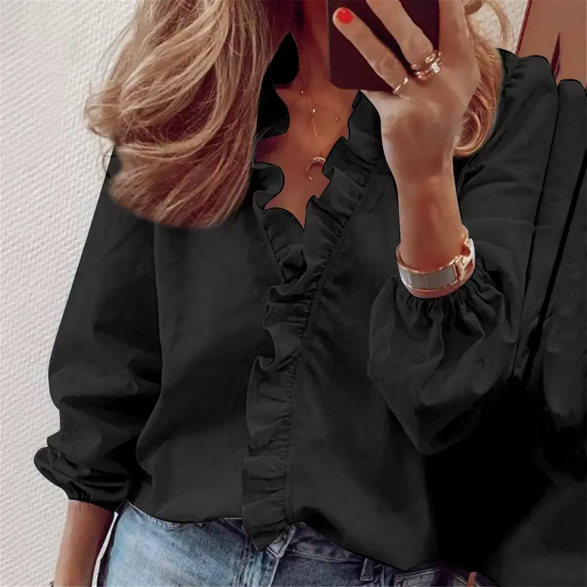 Black Ruffled Sleeve Shirt for Women Autumn Winter - Image 22