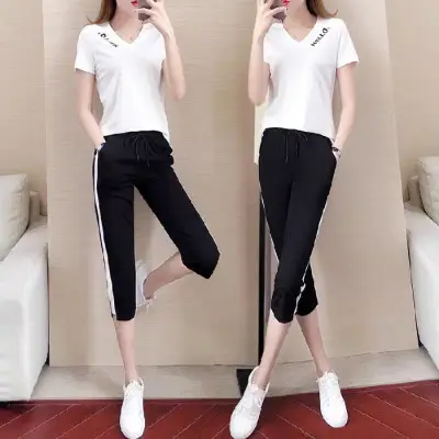 Women Casual Sportswear Two-Piece White Black Set