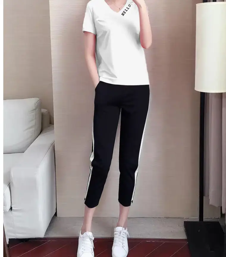Women Casual Sportswear Two-Piece White Black Set — feature 17