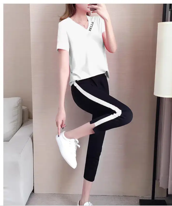 Women Casual Sportswear Two-Piece White Black Set — feature 18