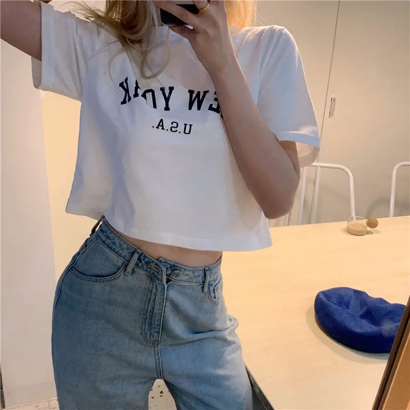 Women New York USA Letter Print Short Sleeve T-Shirt White 2025 - Image 3