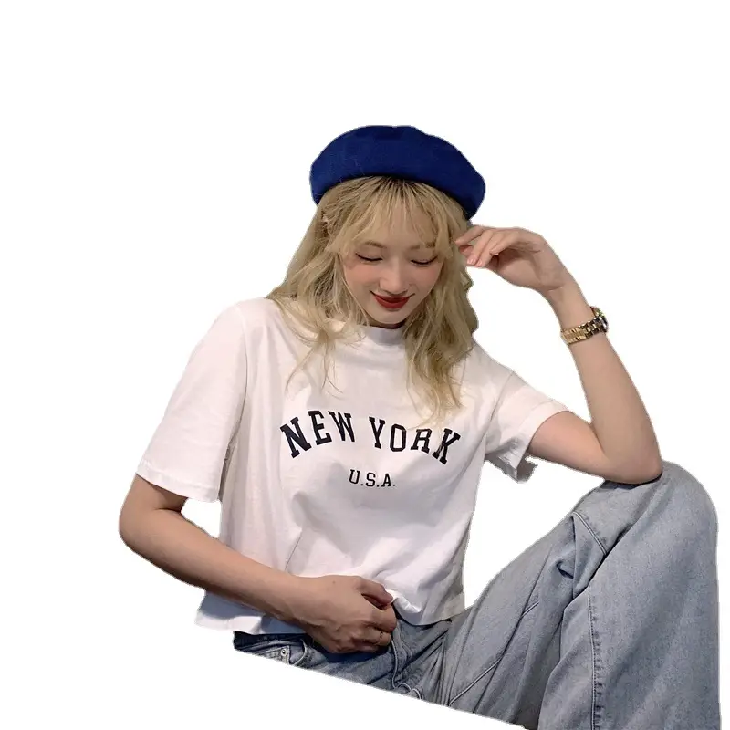 Women New York USA Letter Print Short Sleeve T-Shirt White 2025 - Image 5