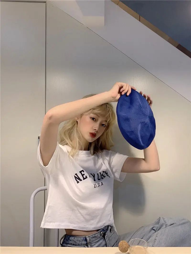 Women New York USA Letter Print Short Sleeve T-Shirt White 2025 — feature 10