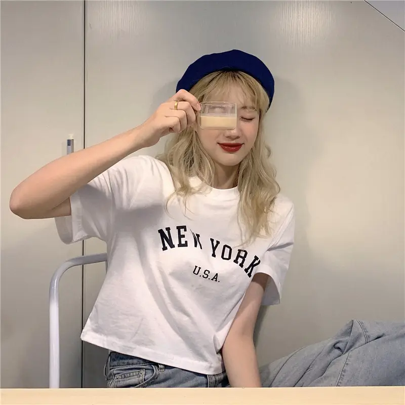 Women New York USA Letter Print Short Sleeve T-Shirt White 2025 — feature 11