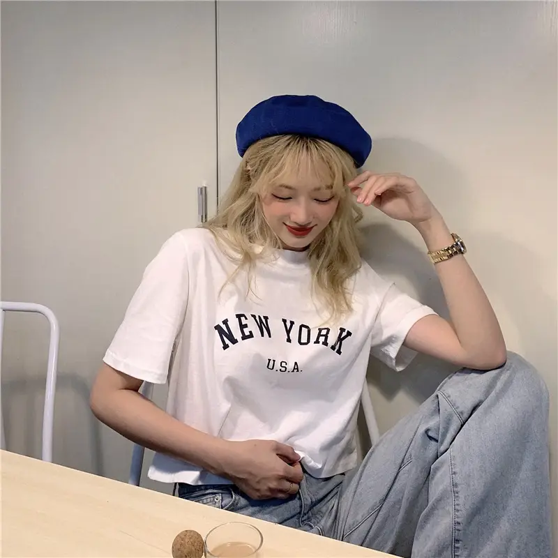 Women New York USA Letter Print Short Sleeve T-Shirt White 2025 — feature 12