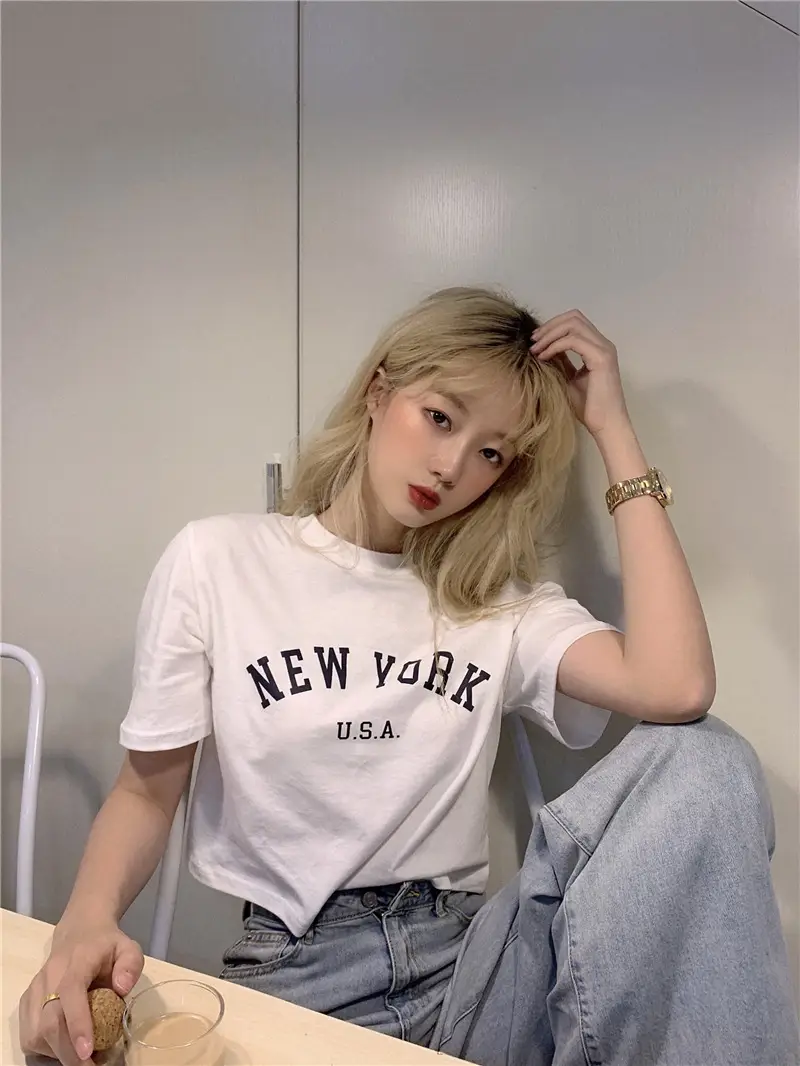 Women New York USA Letter Print Short Sleeve T-Shirt White 2025 — feature 13