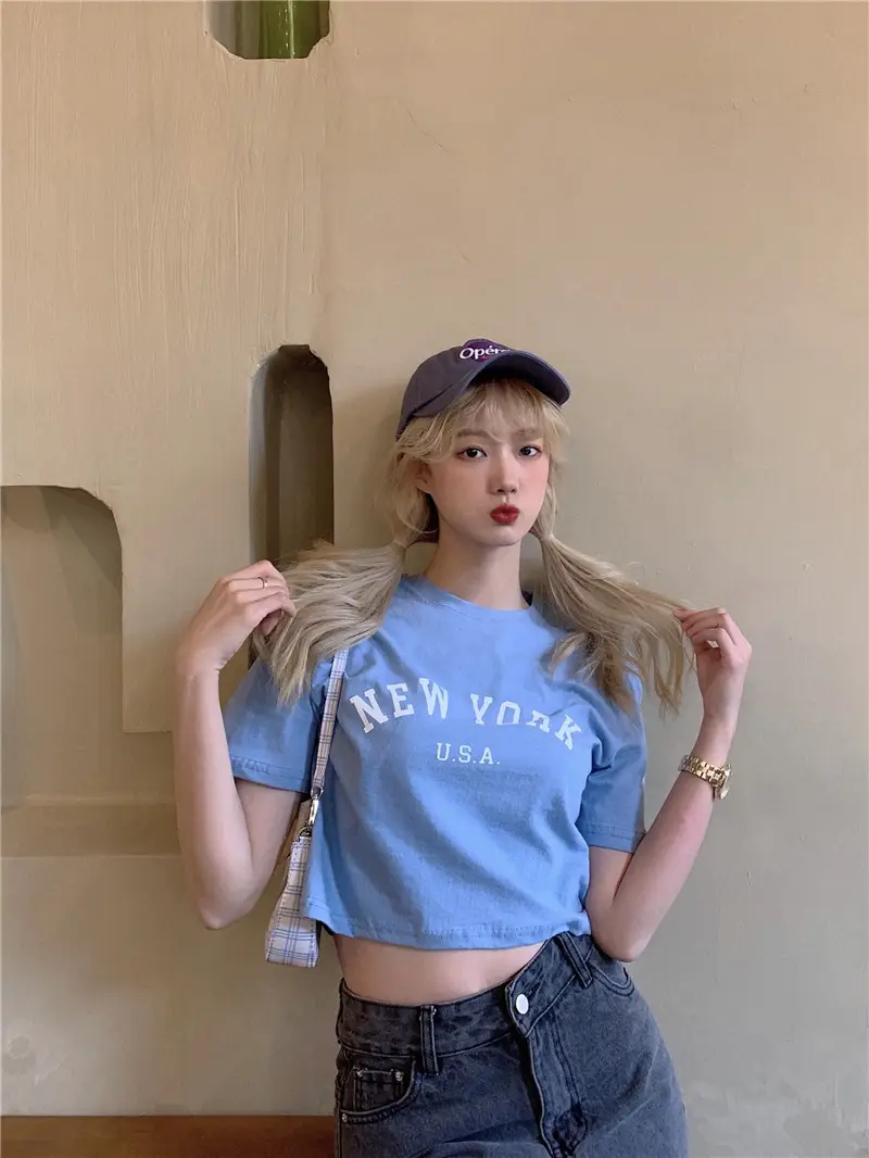 Women New York USA Letter Print Short Sleeve T-Shirt White 2025 — feature 4