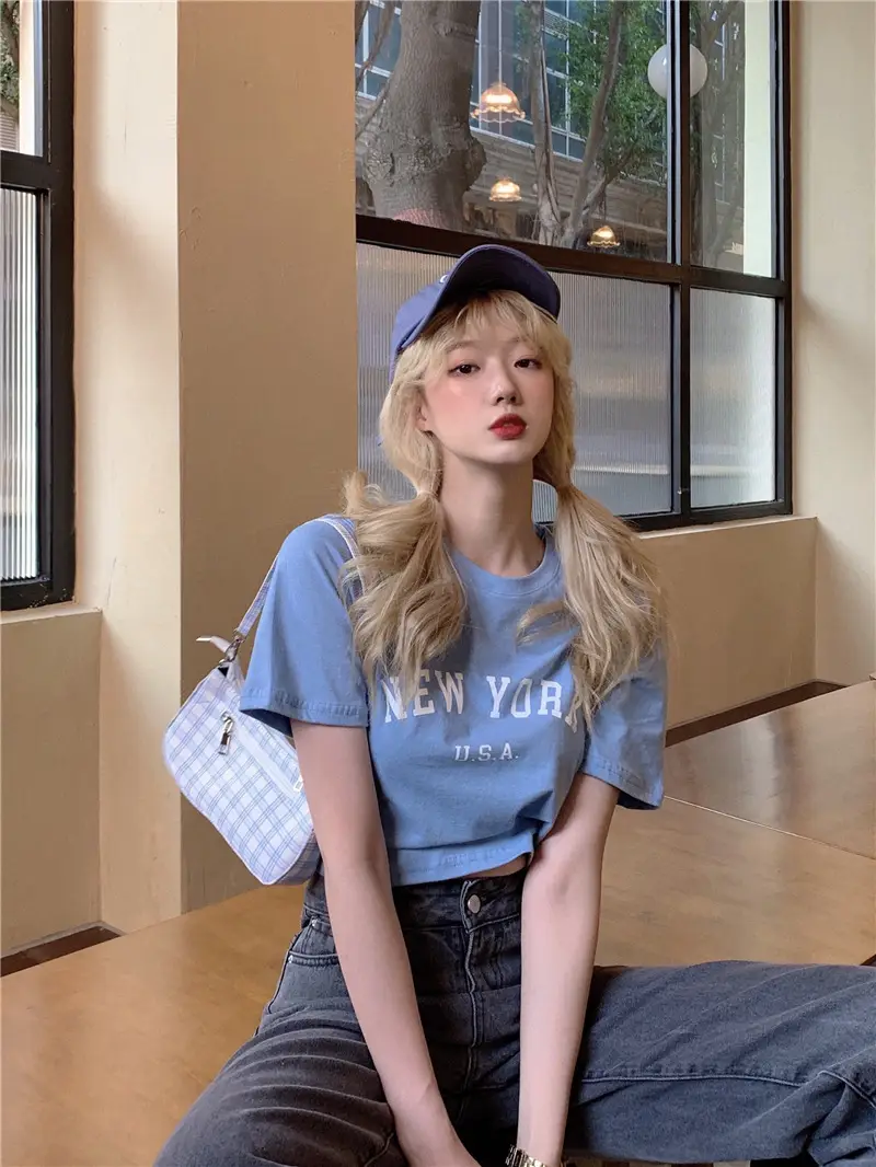 Women New York USA Letter Print Short Sleeve T-Shirt White 2025 — feature 7