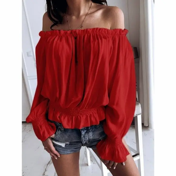 New European American Women's Off-Shoulder Collar Top Solid Color - Image 2