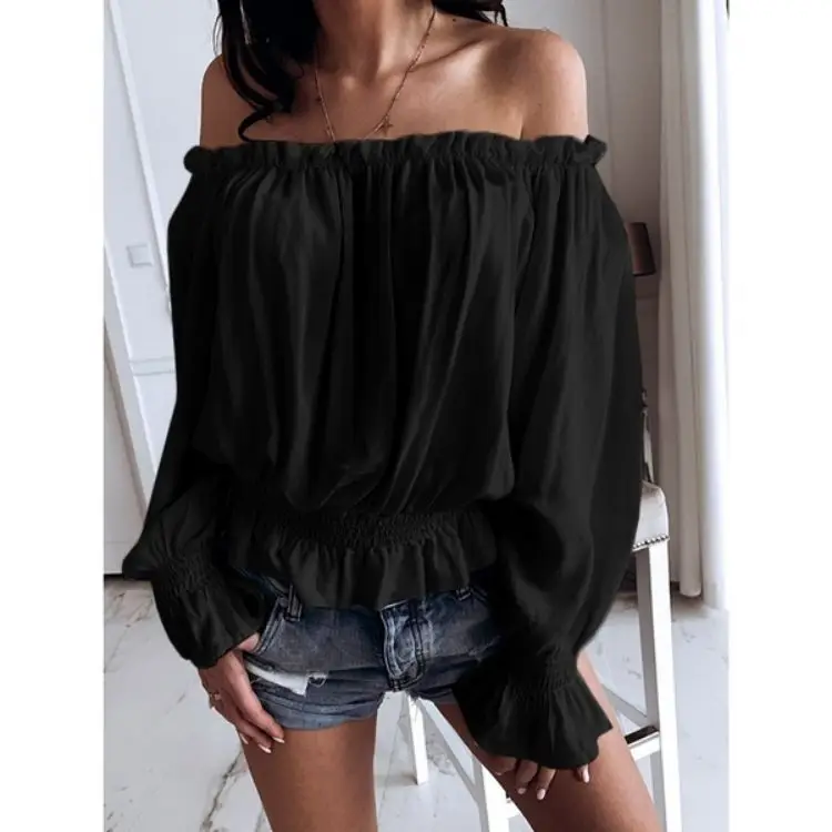 New European American Women's Off-Shoulder Collar Top Solid Color - Image 3