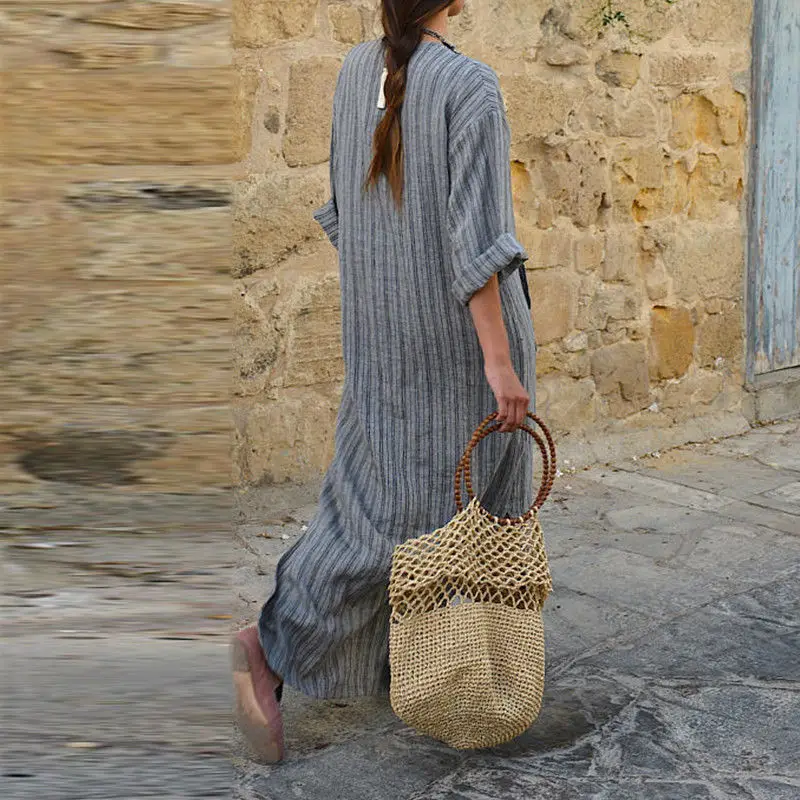 Green Striped Cotton Long Dress for Women - Image 5