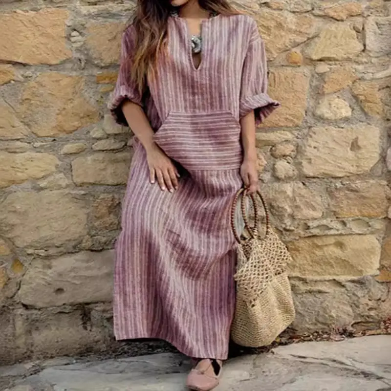 Green Striped Cotton Long Dress for Women - Image 6