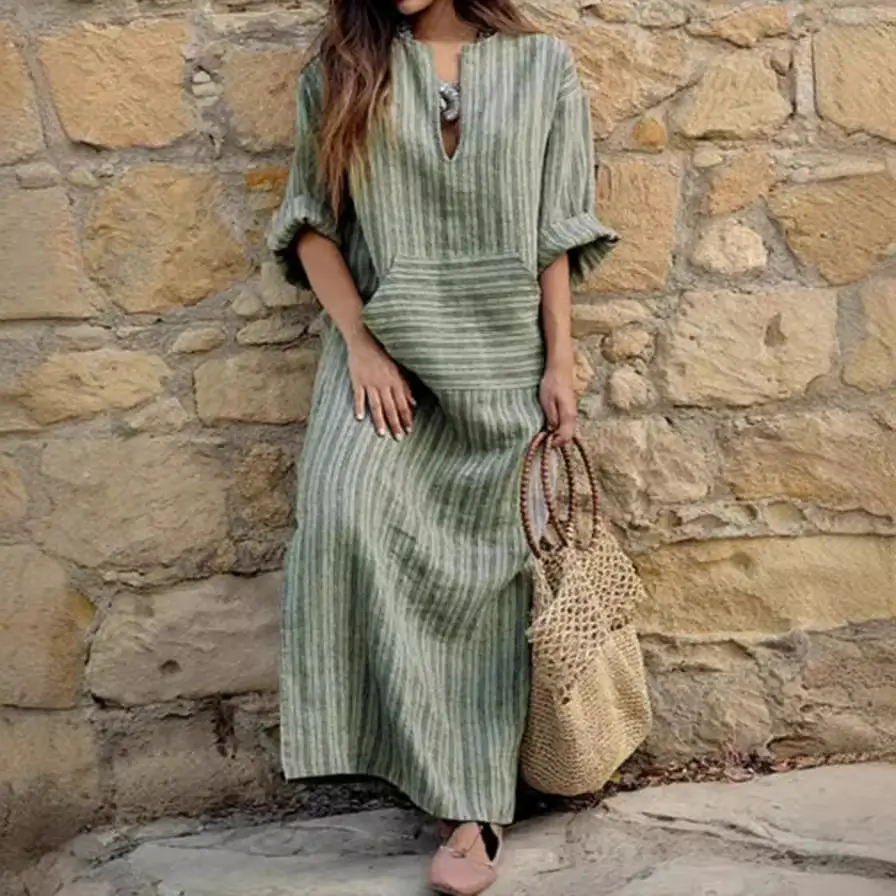 Green Striped Cotton Long Dress for Women - Image 7