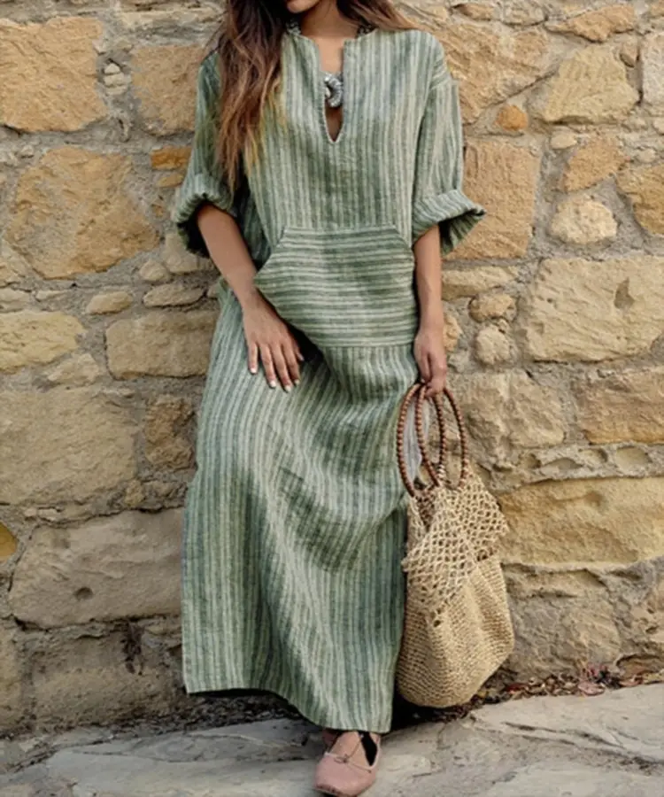 Green Striped Cotton Long Dress for Women - Image 2