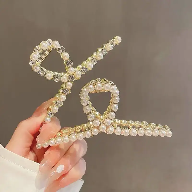 Large Silver Hairpin with Pearl Grip and Rhinestone Back