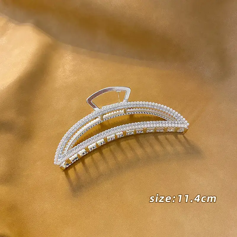 Large Silver Hairpin with Pearl Grip and Rhinestone Back