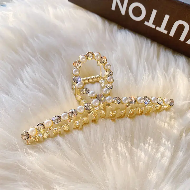 Large Silver Hairpin with Pearl Grip and Rhinestone Back