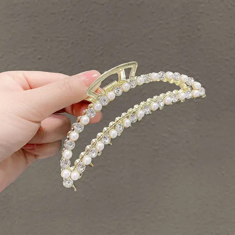 Large Silver Hairpin with Pearl Grip and Rhinestone Back