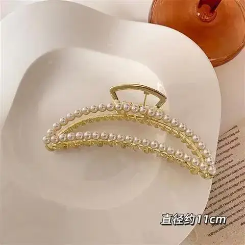 Large Silver Hairpin with Pearl Grip and Rhinestone Back