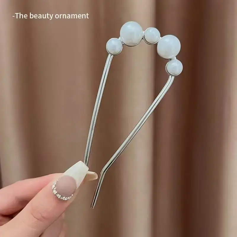 Large Silver Hairpin with Pearl Grip and Rhinestone Back