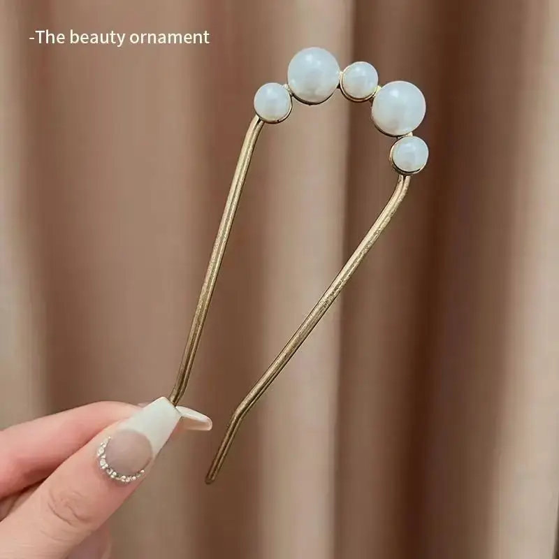 Large Silver Hairpin with Pearl Grip and Rhinestone Back