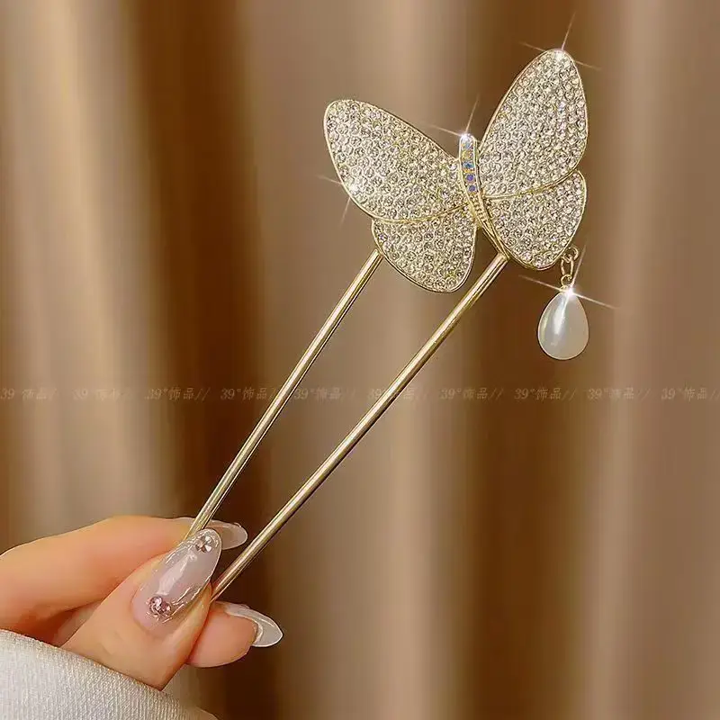 Large Silver Hairpin with Pearl Grip and Rhinestone Back