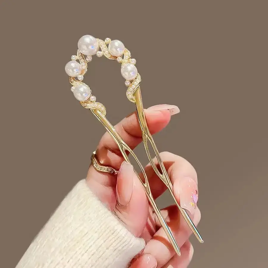 Large Silver Hairpin with Pearl Grip and Rhinestone Back