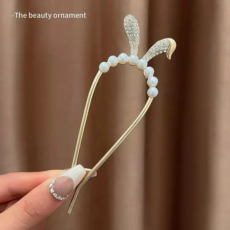 Large Silver Hairpin with Pearl Grip and Rhinestone Back