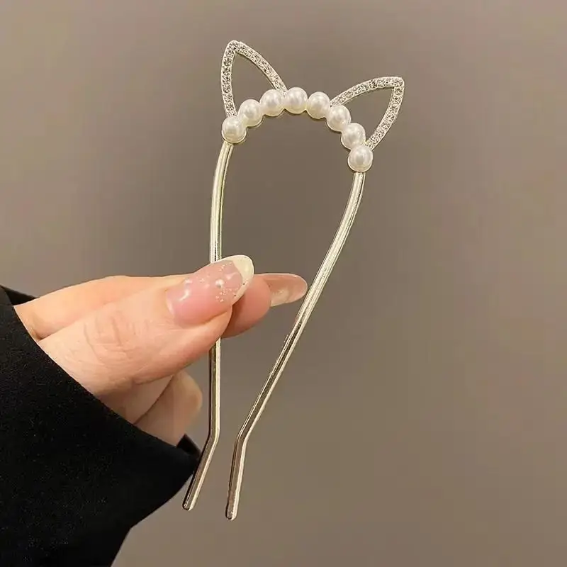 Large Silver Hairpin with Pearl Grip and Rhinestone Back