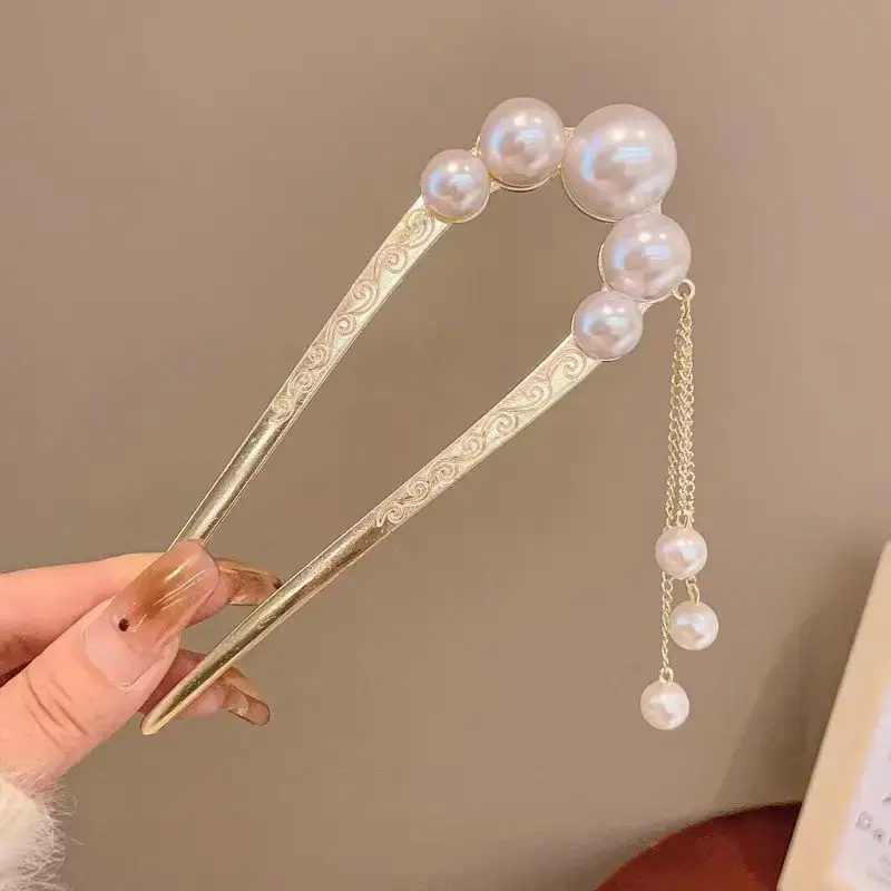 Large Silver Hairpin with Pearl Grip and Rhinestone Back