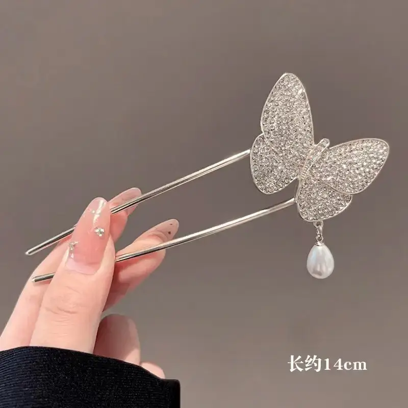 Large Silver Hairpin with Pearl Grip and Rhinestone Back