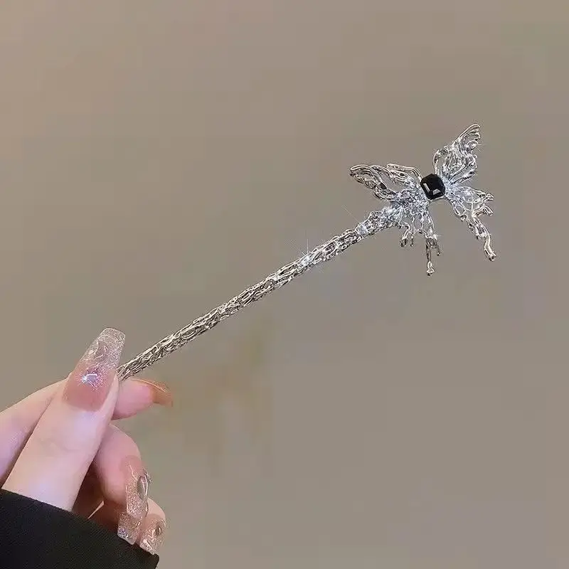 Large Silver Hairpin with Pearl Grip and Rhinestone Back
